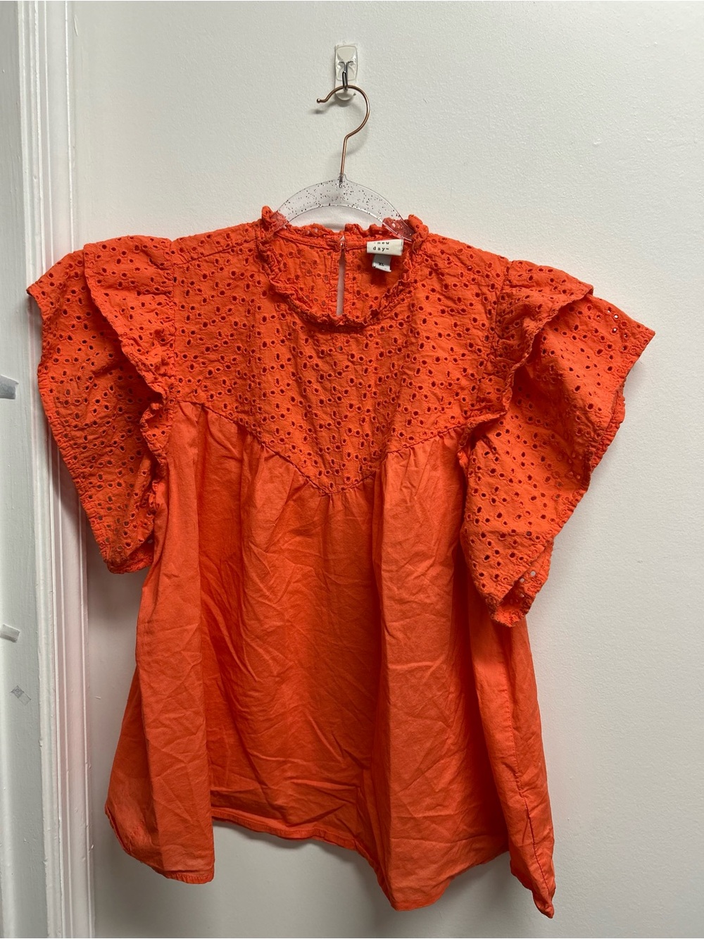 Women's Orange Eyelet Flutter Sleeve Top